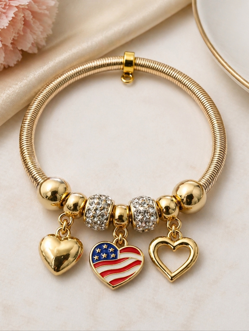 Kids Gold Charm Bracelet | Double Heart & USA Flag Charm Bracelet